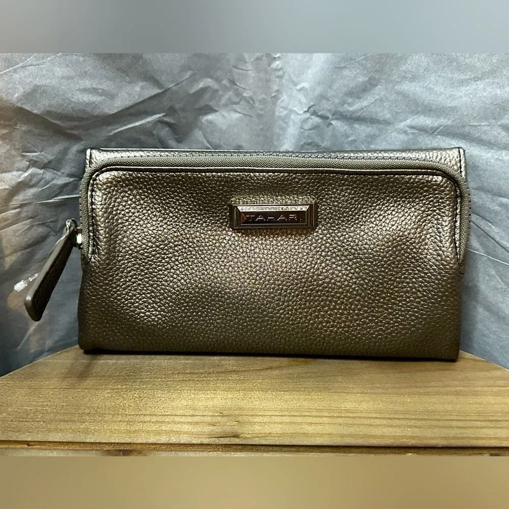 Tahari Metallic Pewter Zip-Around Clutch Wallet – Pebbled Leather